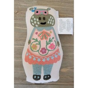 Sugarboo & Co. Embroidered Funky Hippo Pillow 10×6 Boutique Linen Folk Art Whims